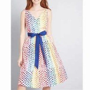Modcloth "Made Amazing" Fit and Flare Rainbow Polka Dot Dress SZ 00